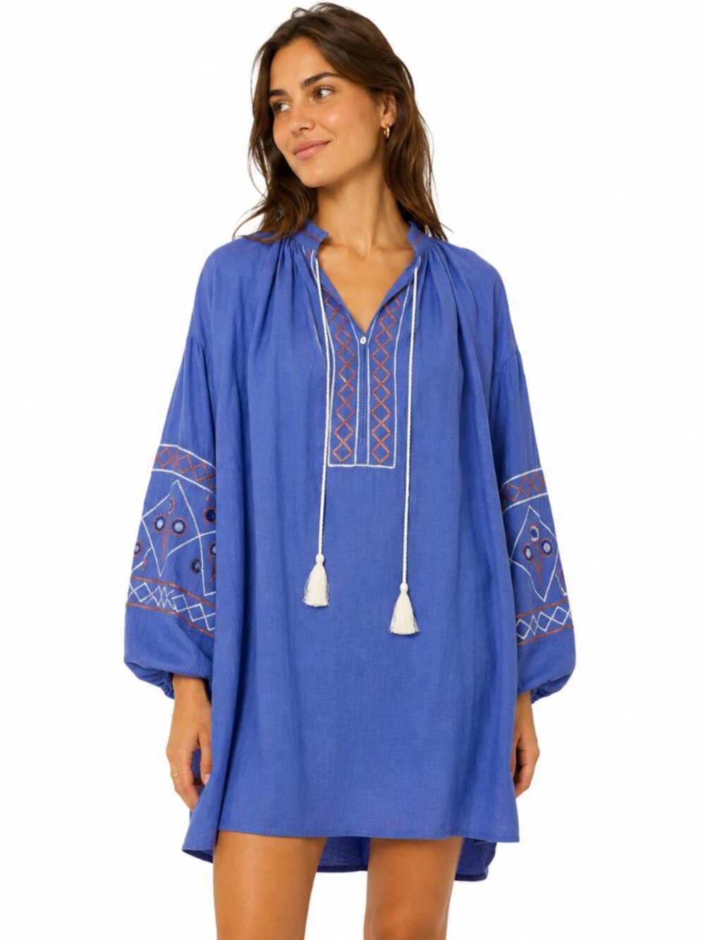 Thierry Colson Guise Embroidered Linen Mini Dress Blue Tassel Tunic Size S